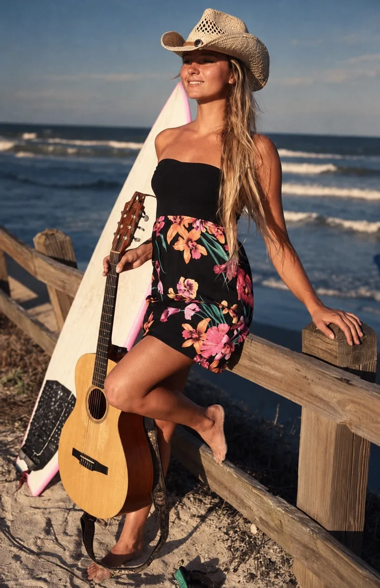 Lucy Spotts standing on a beach in a cowboy hat, with a surfboard and an acoustic guitar.