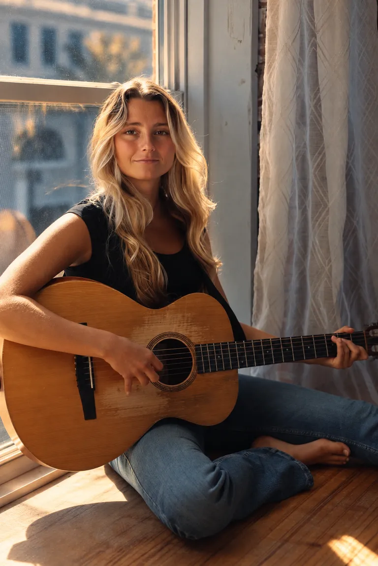 Lucy Spotts seated with an acoustic guitar beside a sunlit window.