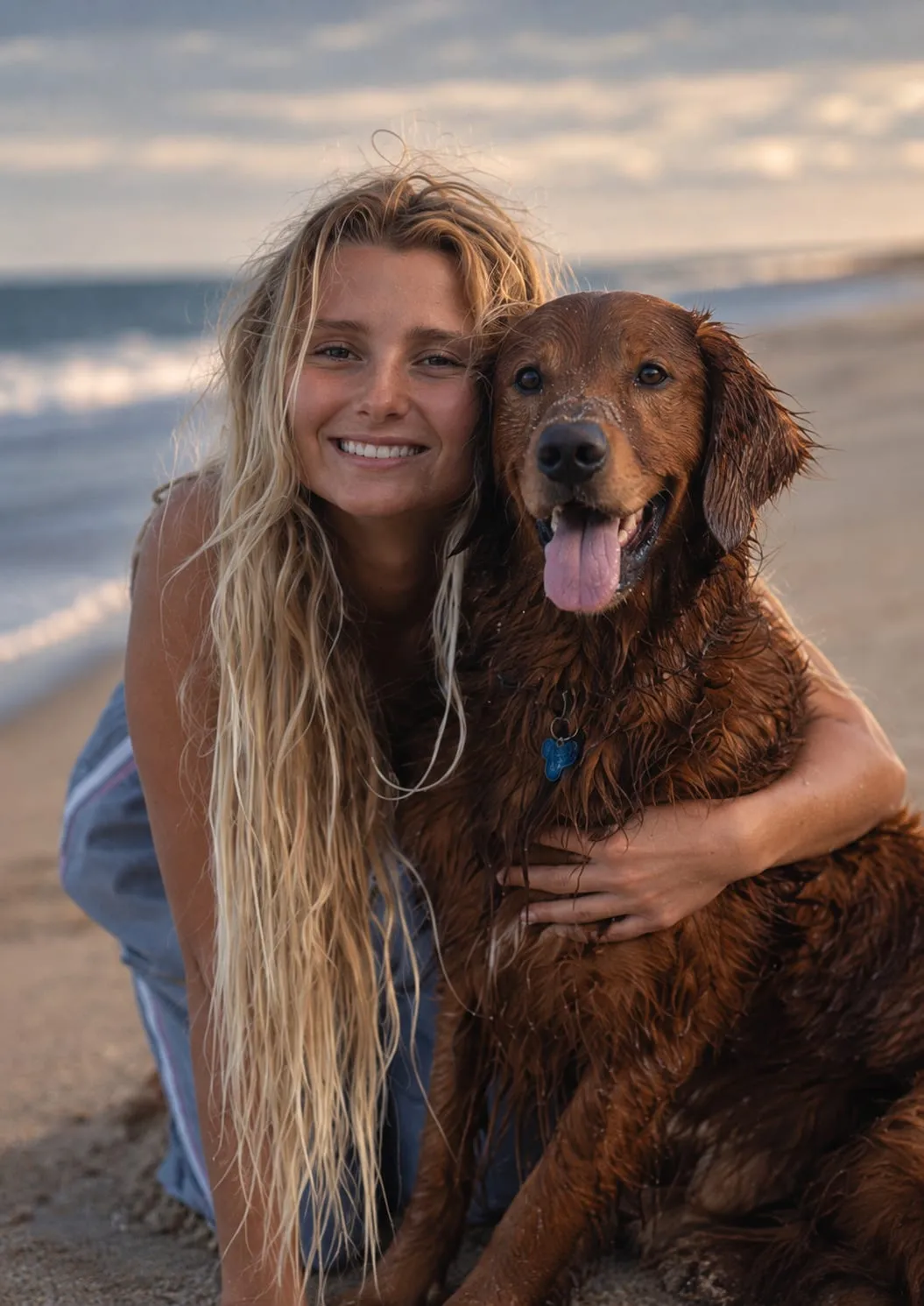 Lucy Spotts on the beach with a dog.